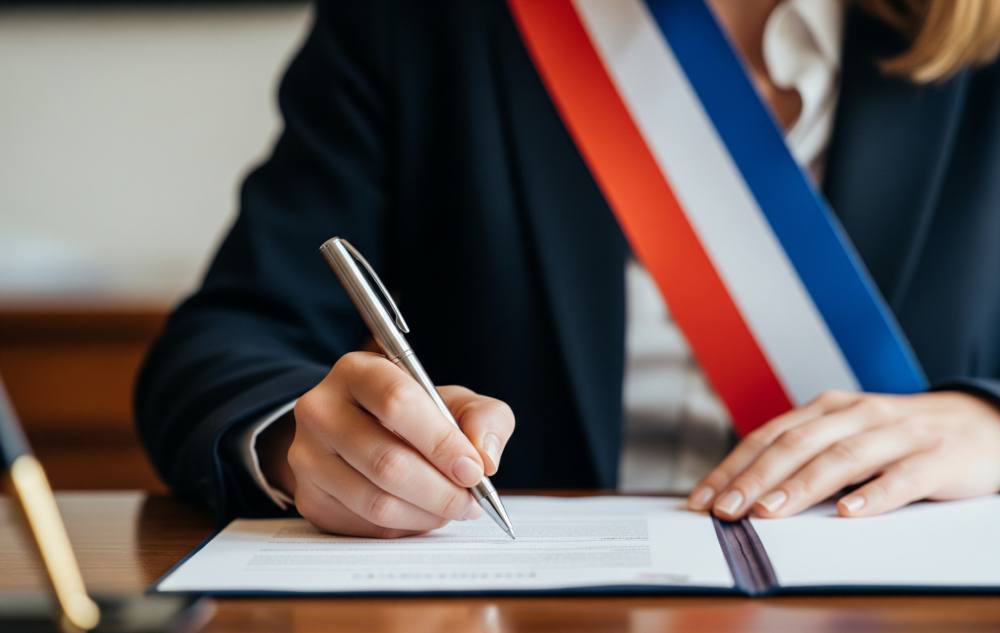Une élue en écharpe tricolore signe un document officiel